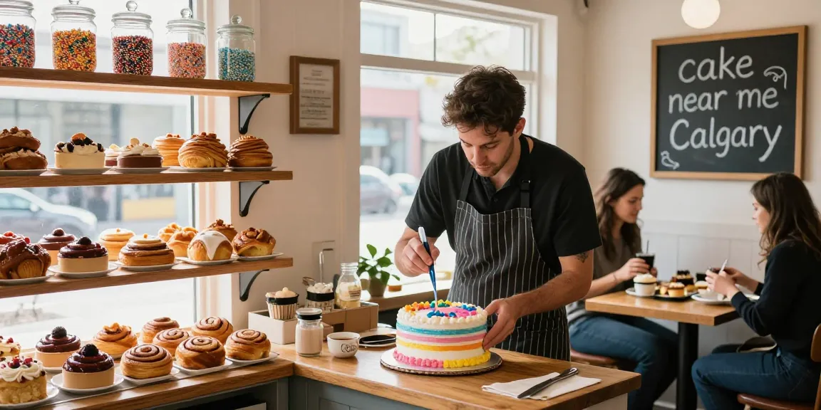 Freshly baked goods in Calgary bakery featuring cake near me Calgary, vibrant birthday cake, and cinnamon buns.