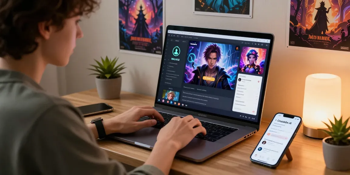 A user engaging with an nsfw character ai on a laptop in a vibrant home office, showcasing interactive roleplay and personalization features.