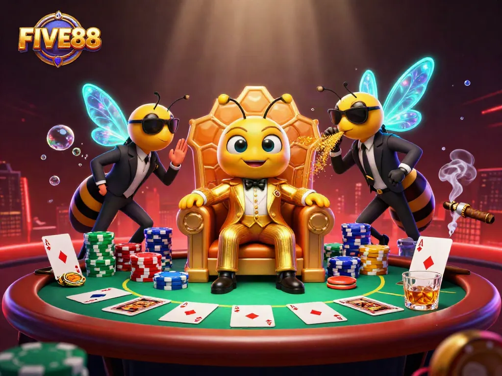 Experience the thrill of FIVE88 casino action with cartoon characters in a vibrant poker scene.
