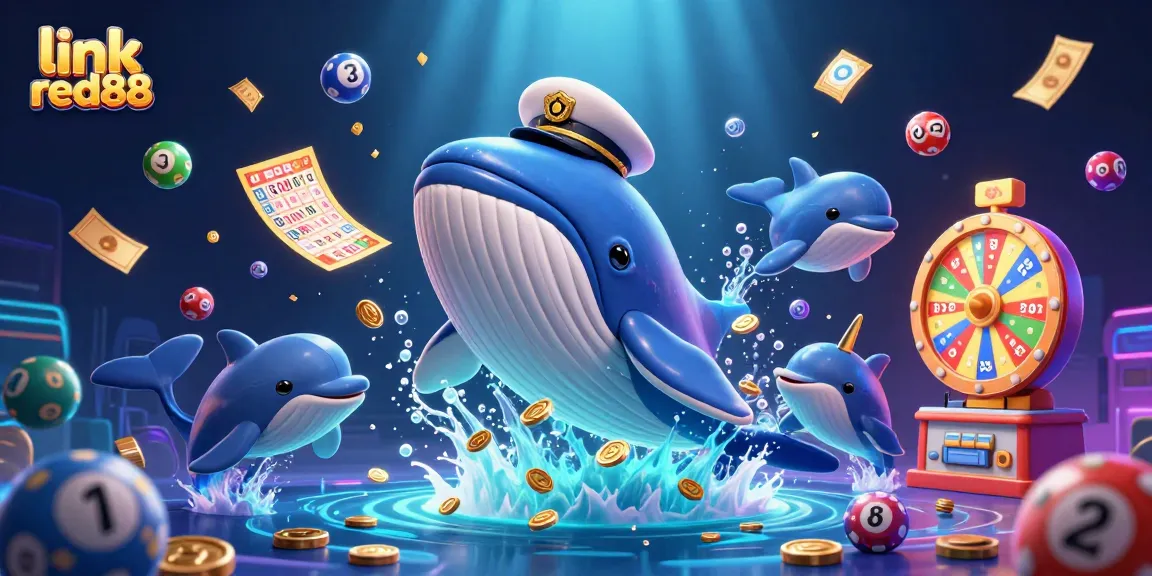 Engage in dynamic gaming with link red88, where a colossal whale breaches through coins surrounded by playful dolphins.