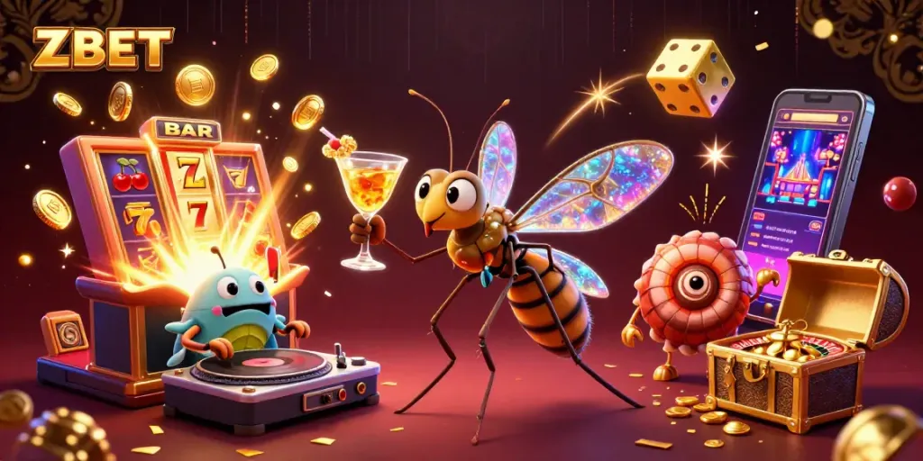 ZBET casino illustration showing a mosquito mascot, trilobite DJ, and roulette wheel with vibrant gaming elements.