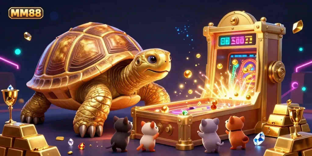 Engage with MM88's vibrant casino scene featuring a unique pinball tortoise and treasure elements.