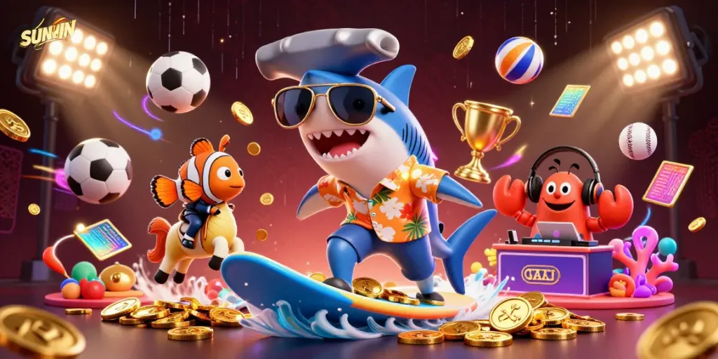 SUNWIN's exciting online gaming experience showcased with a hammer-head shark and a clownfish in a festive scene.