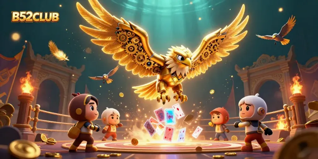 Experience the thrill of B52CLUB with a dynamic illustration of a cybernetic eagle amidst holographic gaming elements.