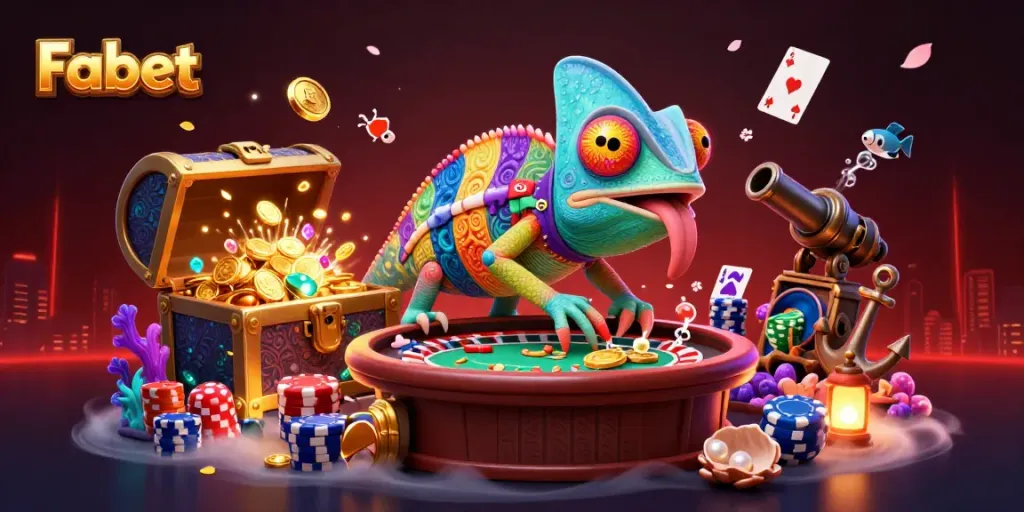 Fabet features a colorful chameleon casino owner capturing golden coins amidst vibrant gambling elements.