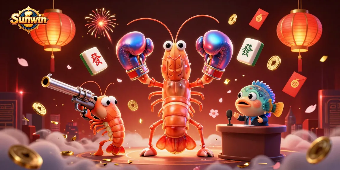 Sunwin boasts vibrant casino action featuring festive 3D characters amidst floating gaming elements