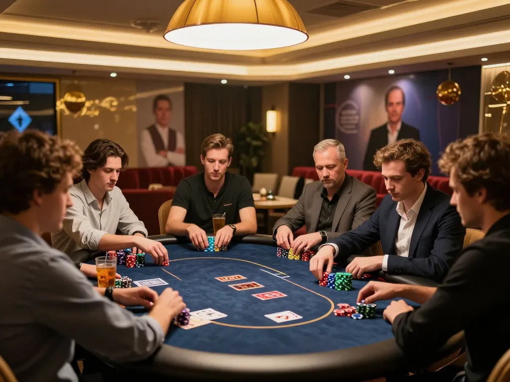 Players engaging in a high-stakes poker game at sunwingo, showcasing thoughtful strategies and colorful chips.