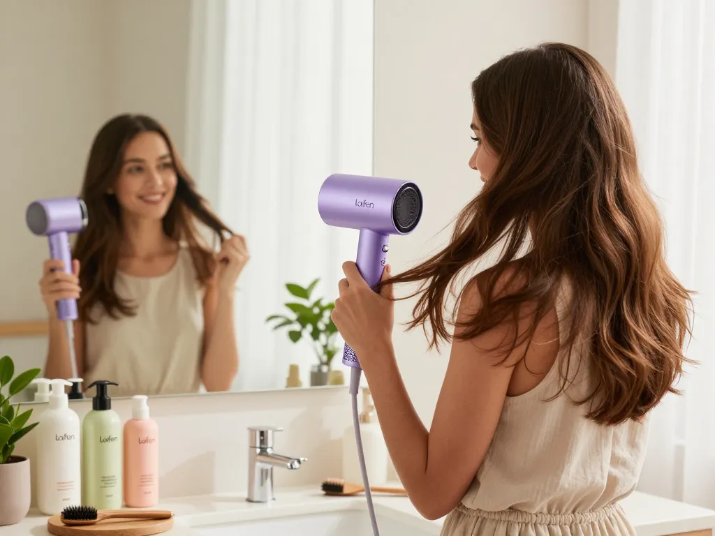 Woman enjoying the use of a Laifen hair dryer in a bright, stylish bathroom, enhancing her hair care routine.