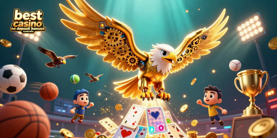 Win big with the best casino no deposit bonuses in Australia, featuring a dynamic 3D golden eagle and vibrant elements.