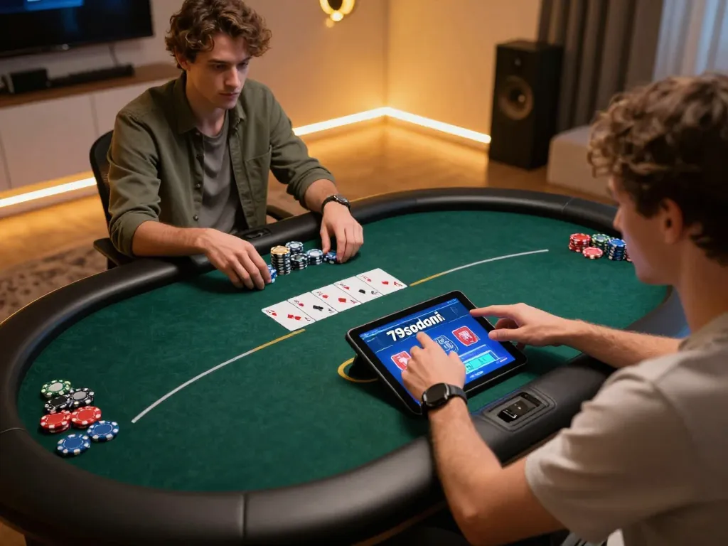 Player enjoying poker on 79sodoni’s online casino, creating an engaging home atmosphere
