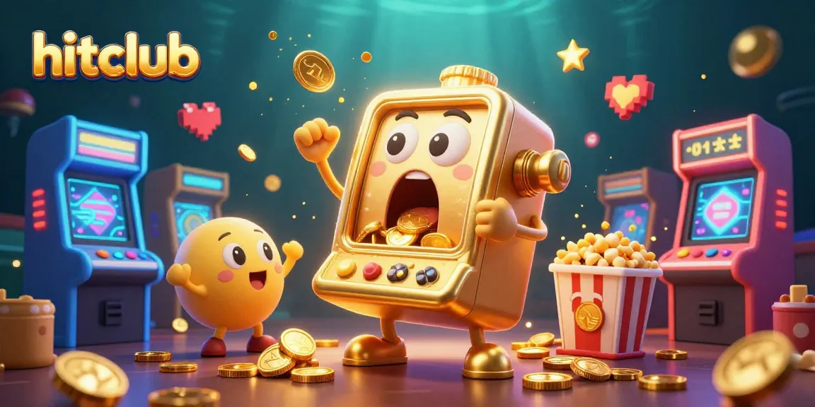 Hitclub's lively scene featuring a golden slot machine celebrating a jackpot with cheering companions.
