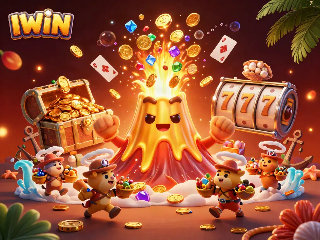 Win big with IWIN as cartoon treasures erupt from a golden volcano, showcasing casino excitement.