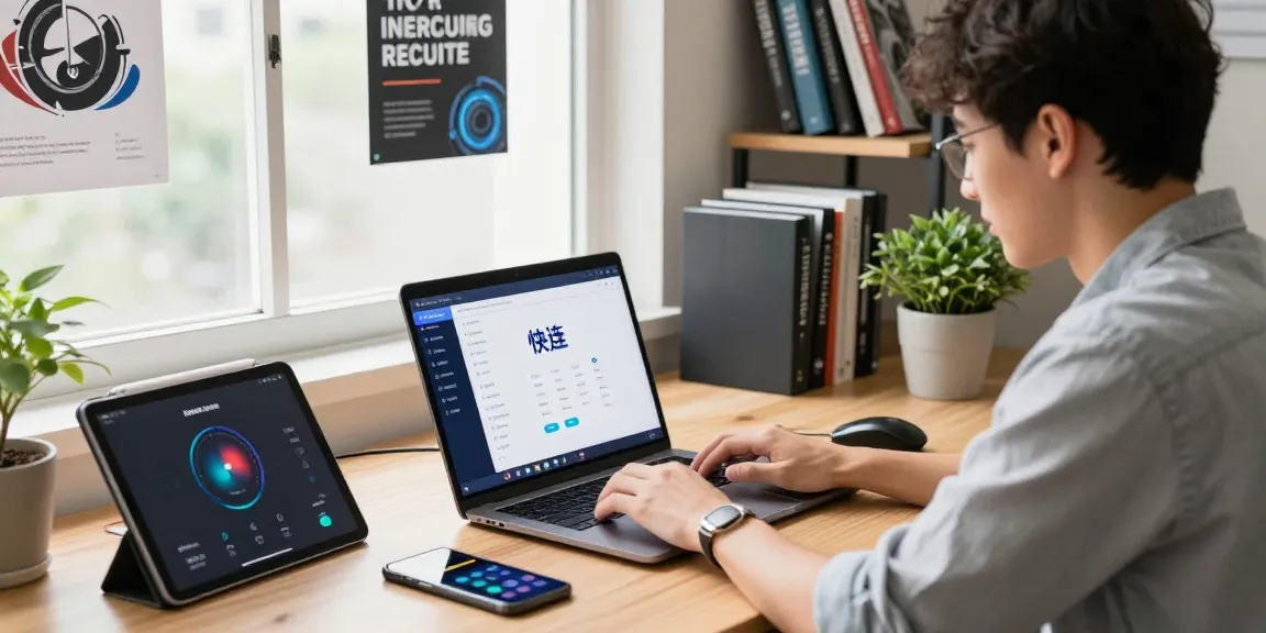 Young professional using 快连 app on laptop in a modern office, showcasing multitasking with gadgets and a vibrant workspace.