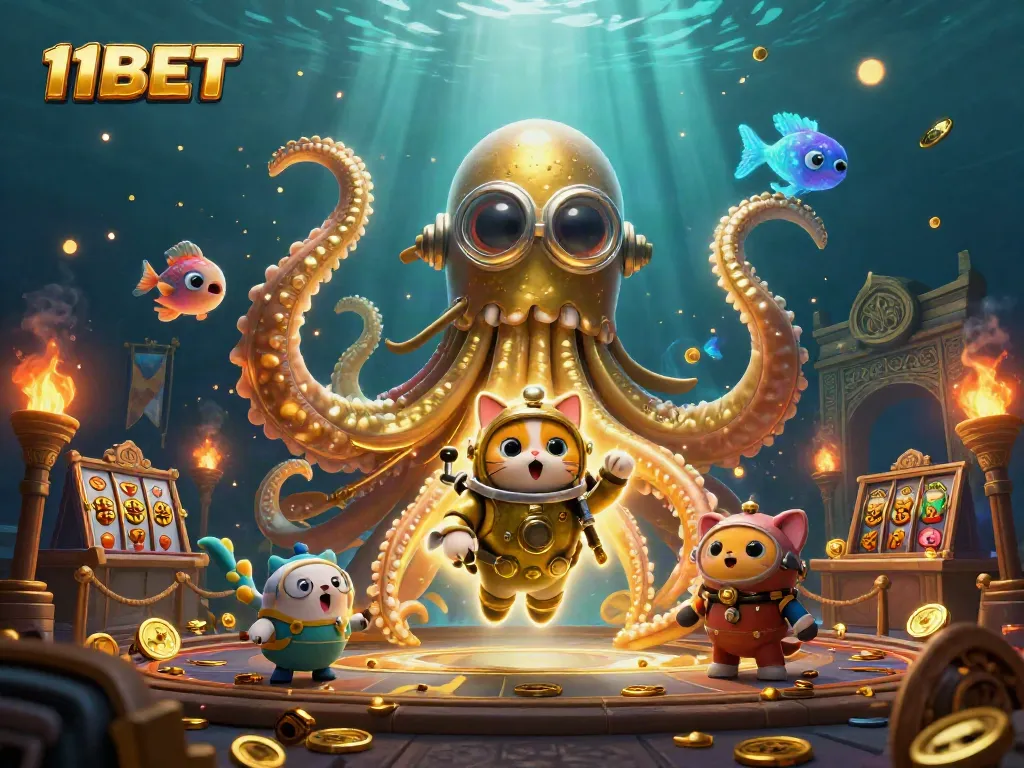 Experience thrilling gaming adventures with 11BET's immersive 3D illustration featuring a kraken and treasures.