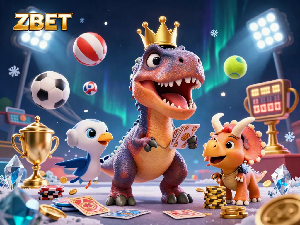 ZBET showcases an action-packed cartoon scene of unique characters engaging in sports betting activities with vibrant casino elements.