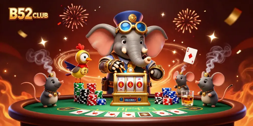 Engage with B52CLUB's vibrant casino scene showcasing playful steampunk characters and exciting gameplay elements.