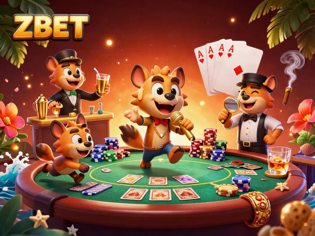 ZBET comedy casino scene with hyenas performing, bartending, and bouncer checking IDs.