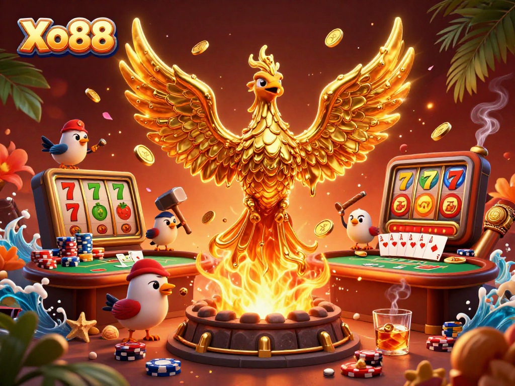 Experience winning moments at Xo88 with dynamic golden phoenix and vibrant casino elements.