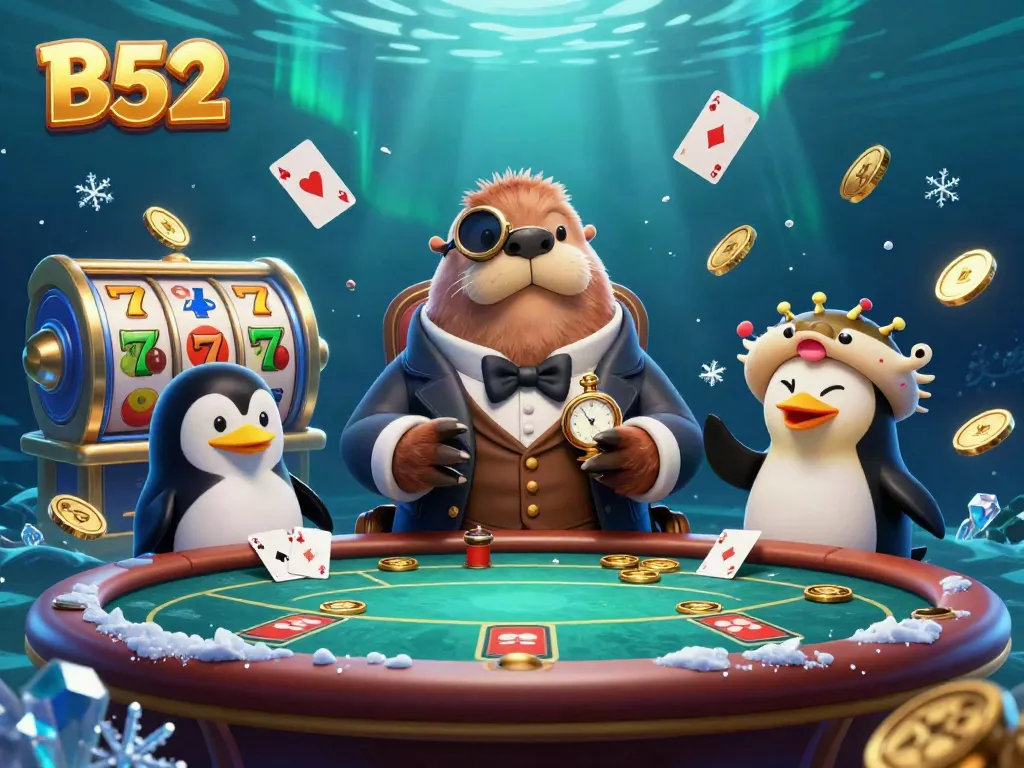 Engage with B52-themed underwater poker, featuring a walrus, penguin dealer, and pufferfish in action.