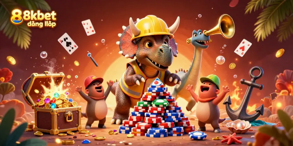 Experience the thrill of 8xbet đăng nhập as a triceratops builds poker chips, celebrating in a vibrant casino world.