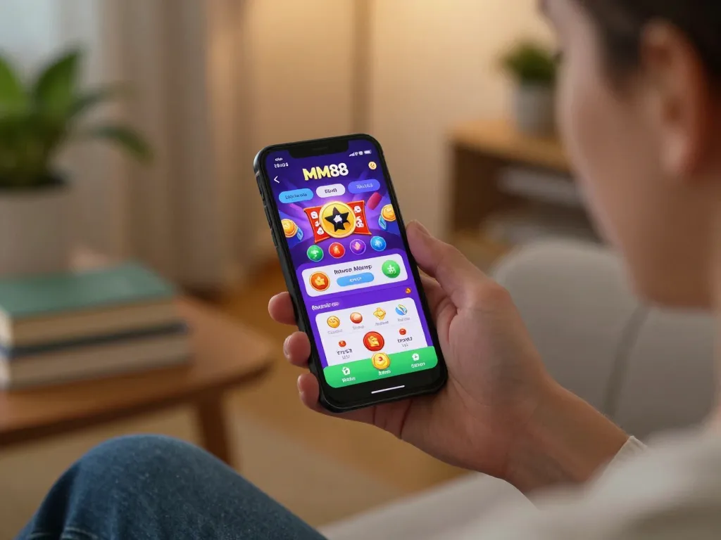 Player engaging with the MM88 app on a smartphone while relaxing at home, showcasing responsible gaming.