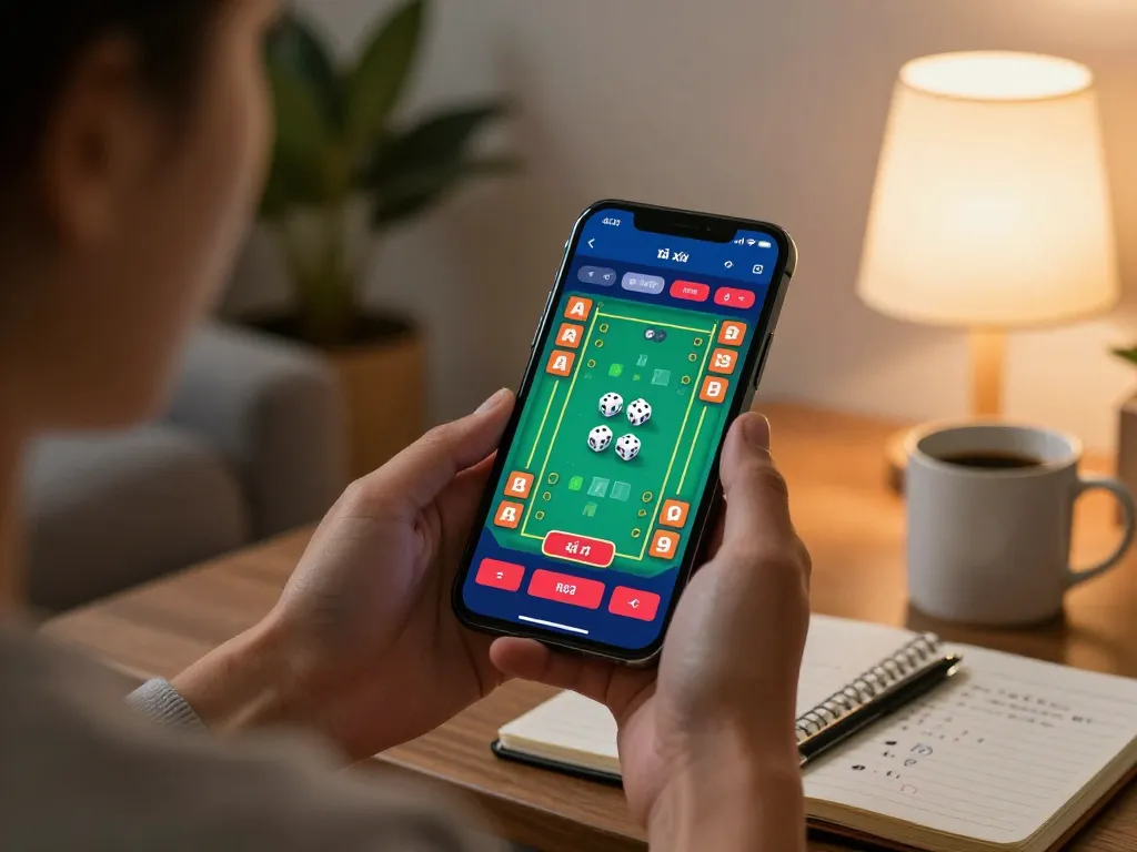 Engaging in tài xỉu online gameplay with smartphone in a cozy living room setting