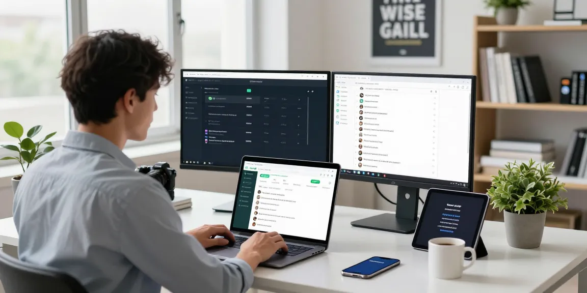 Professional using WhatsApp網頁版 on a laptop in a modern tech workspace with dual monitors and a coffee mug.