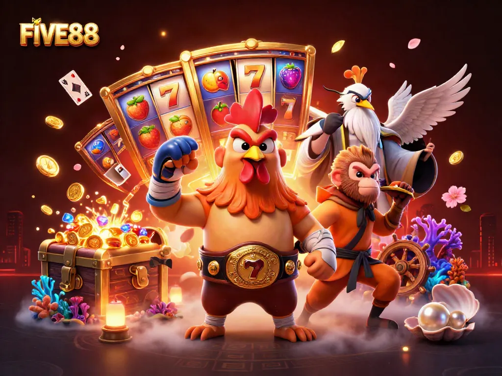 Experience the thrill of FIVE88 with a vibrant 3D casino scene featuring legendary characters.