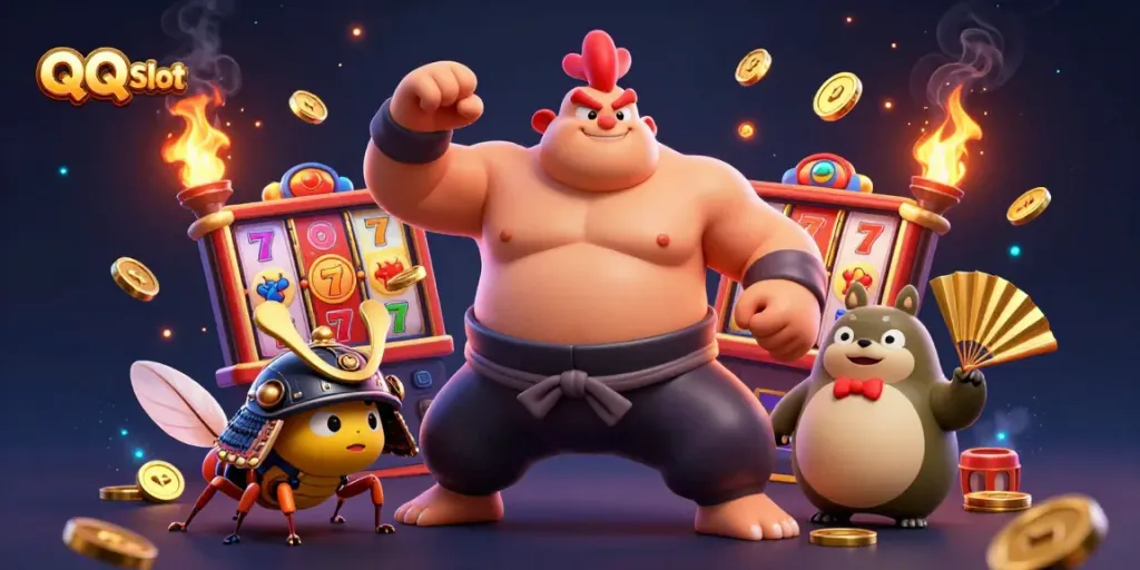 Engage with QQ Slot featuring a powerful sumo wrestler rooster and samurai cricket amidst vibrant slot machine reels and coins.