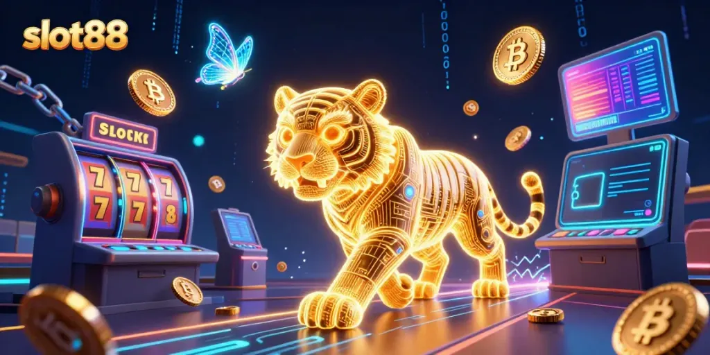 Experience slot88 with a golden tiger in a vibrant, neon-lit digital casino jungle.