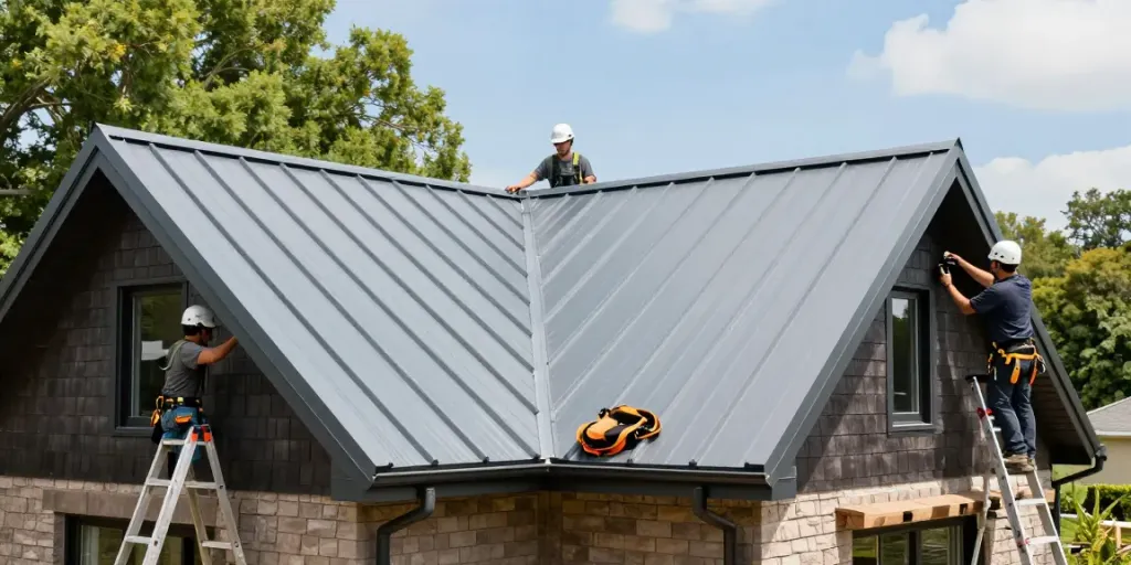 MRoof team installing a high-quality metal roof on a residential home.