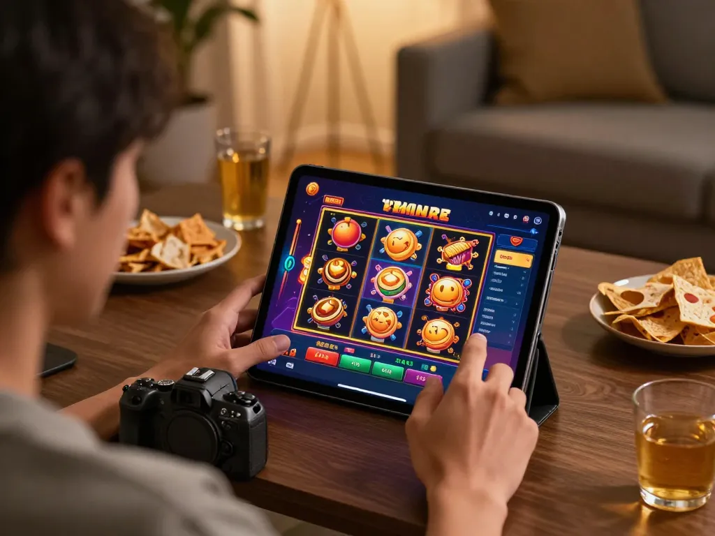 Player engaging with slot gacor games on a tablet, highlighting home gaming atmosphere and excitement.