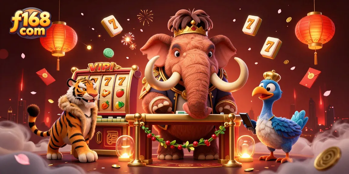 Engage with f168 com by exploring a vibrant 3D casino scene showcasing a woolly mammoth bouncer and dynamic games.