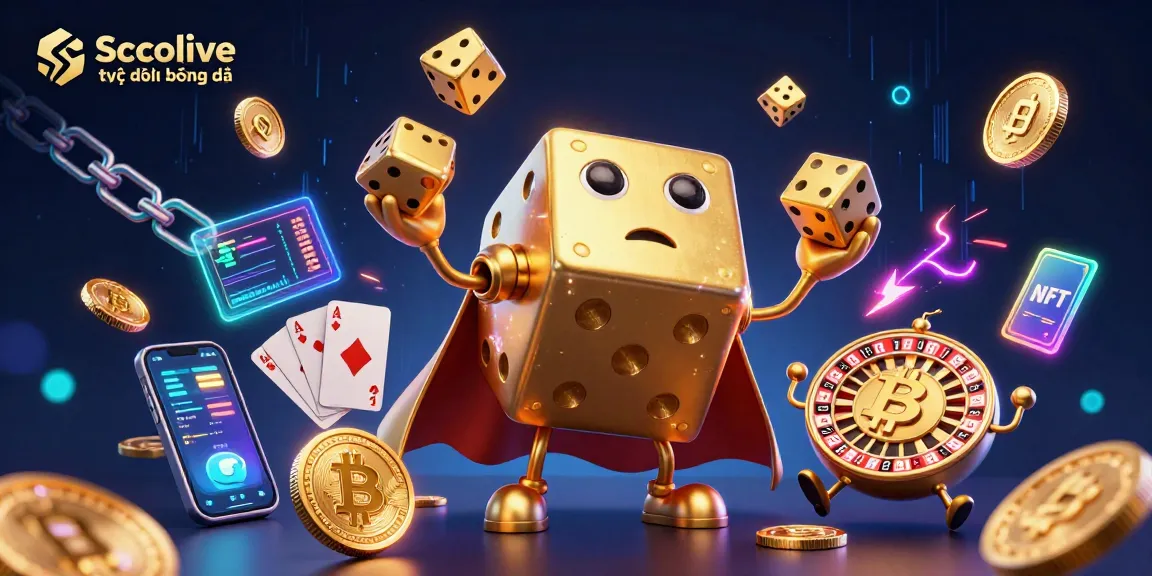 Socolive trực tiếp bóng đá provides a thrilling experience with 3D dice golem juggling and crypto elements in a vibrant, dynamic scene.