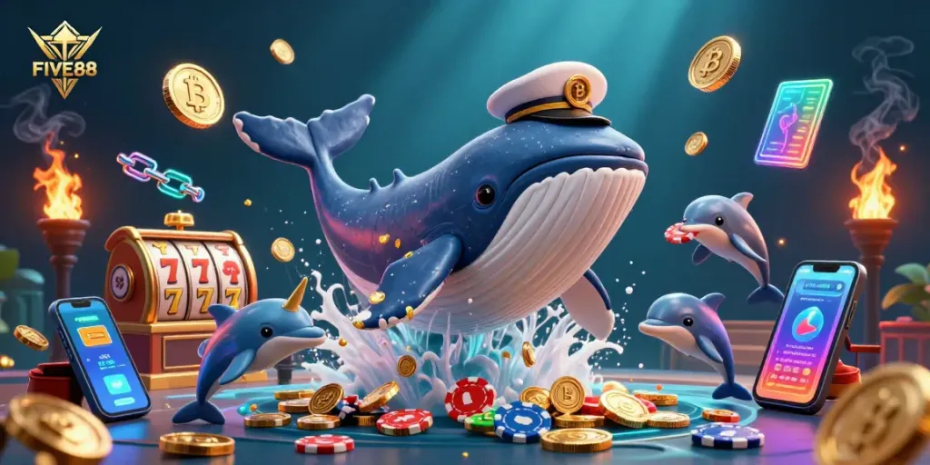 Engage with the thrilling world of FIVE88 as the giant whale captain breaches through coins and poker chips.