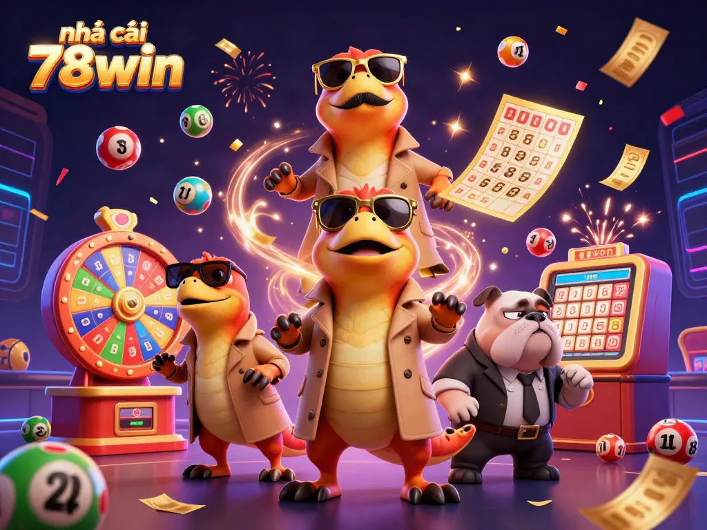Experience the excitement at nhà cái 78win with colorful lottery elements and a playful raptor theme.