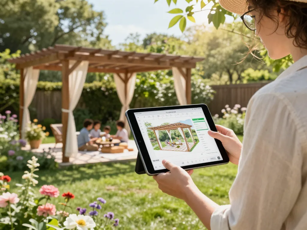 3D Pergola Configurator in action, homeowner visualizing customizable pergola in vibrant garden setting.