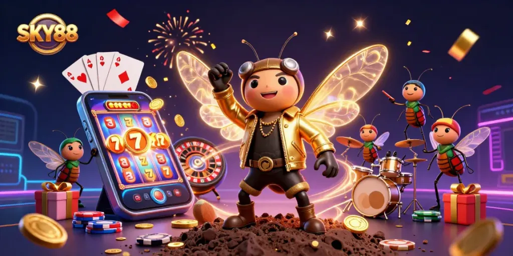 Experience electrifying wins with SKY88's dynamic casino scene featuring vibrant slot games.