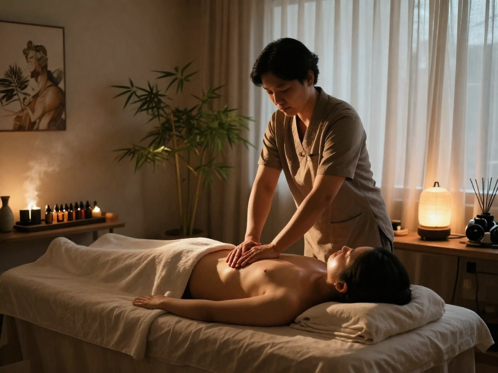 Relaxing massage therapy session, highlighting 성북구출장안마 in a peaceful studio.