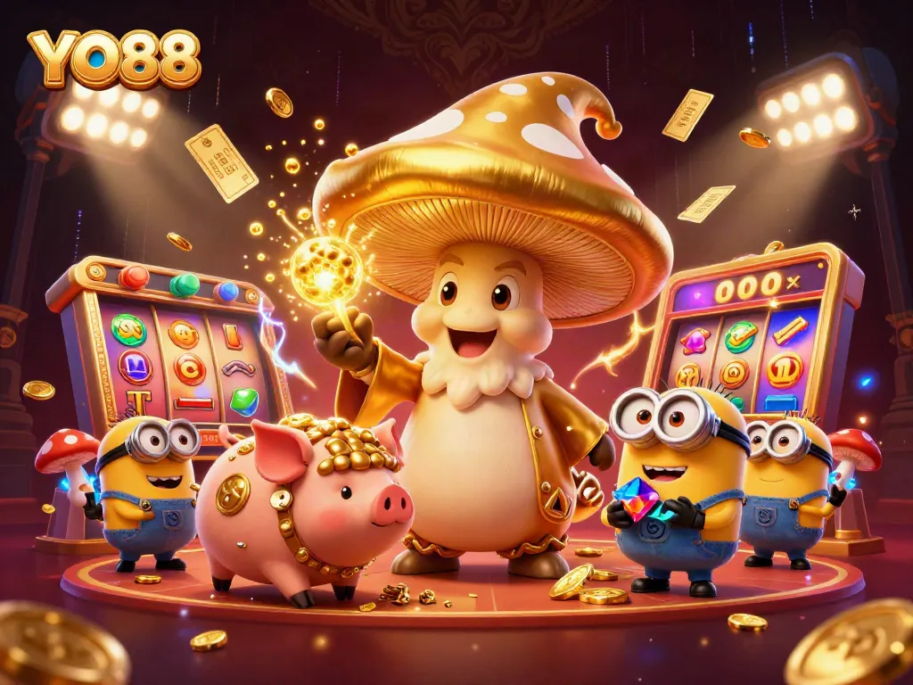 Experience YO88's golden magic with a wizard and treasures in a vibrant casino scene.