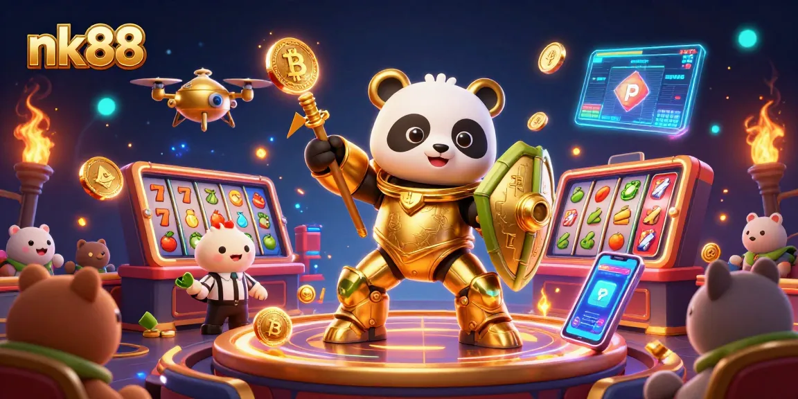 Engage with nk88 and spin to win big with this vibrant casino-themed illustration filled with exciting game elements.