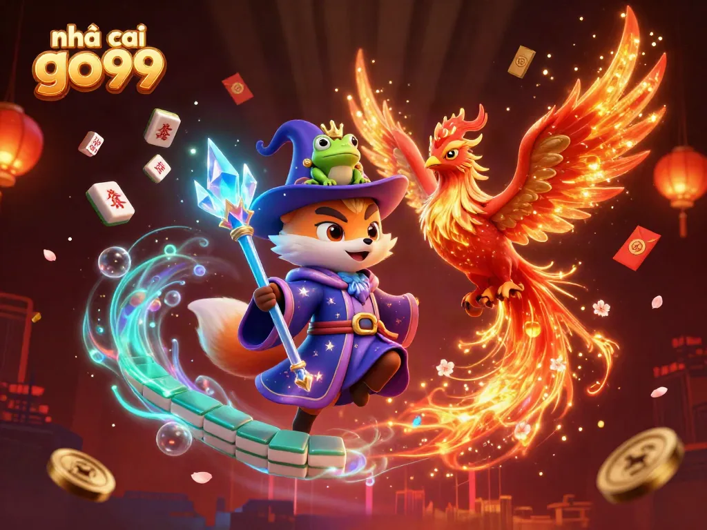 Experience the thrill of gambling at nhà cái go99 with a magical 3D illustration of fantasy characters surrounded by casino elements.