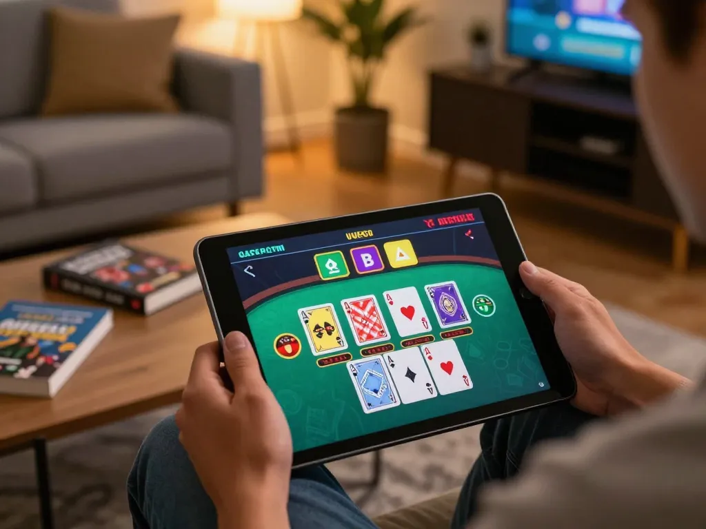 Kuwin player engaging in intense blackjack gameplay on a tablet in a cozy home environment.