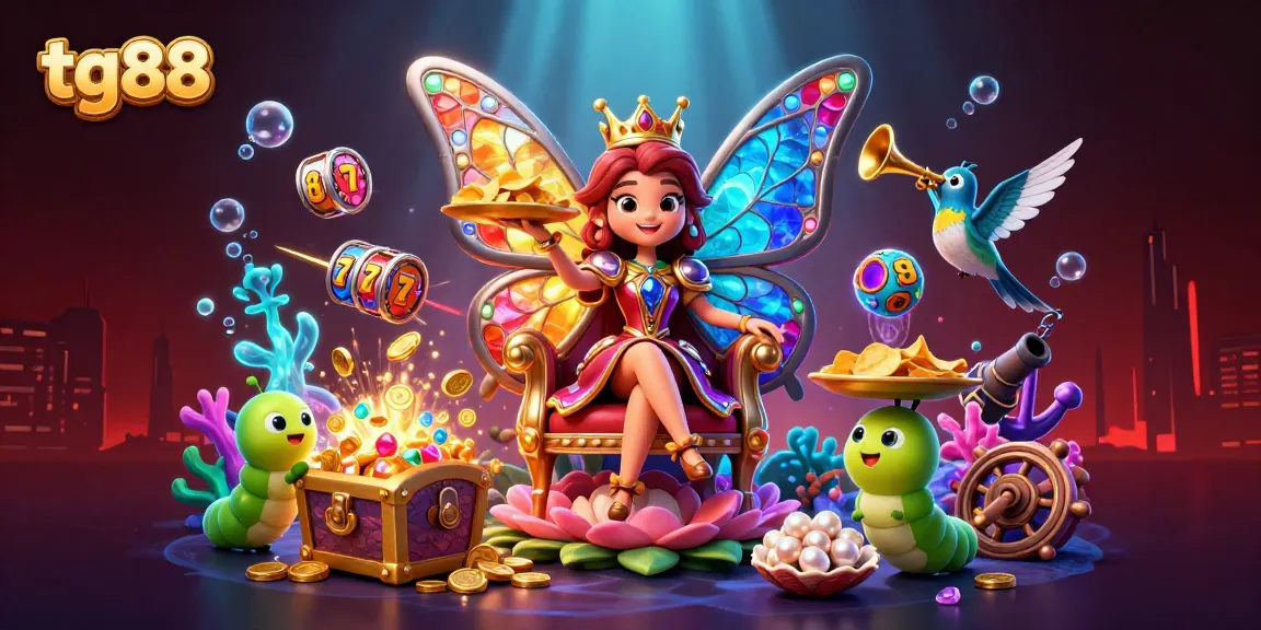 Experience the vibrant world of tg88 with a cartoon butterfly queen surrounded by casino elements.