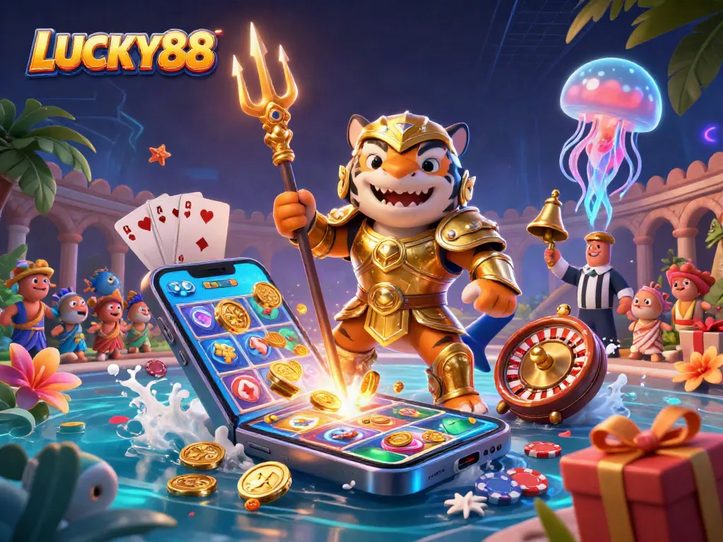 Spin in style with LUCKY88 featuring a tiger shark gladiator and a vibrant casino scene.