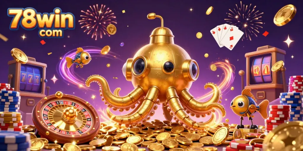 Win big with engaging gameplay at 78win com, featuring golden kraken and dynamic casino elements in action.
