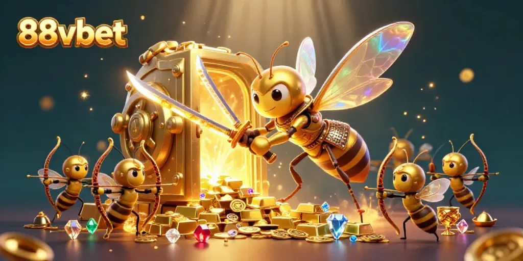 Engage with the electrifying 88vbet gold treasure illustration showcasing bee warriors in a vibrant casino theme.