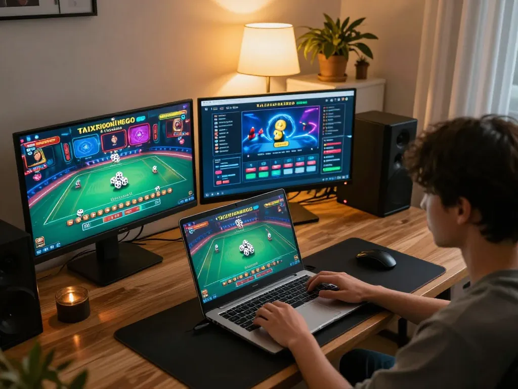 Player engaging with taixiuonlinego app on laptop, showcasing dynamic online gaming experience.