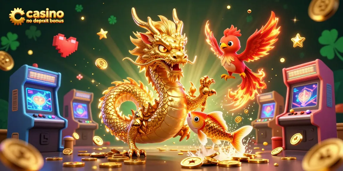Experience the thrill of casino no deposit bonus with a vibrant dragon, phoenix, and koi fish illustration.