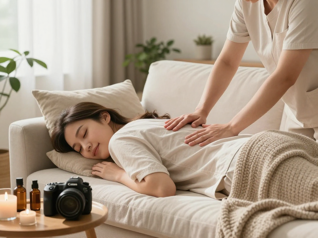 화곡동출장마사지 session in a serene home setting, showcasing relaxation and comfort.